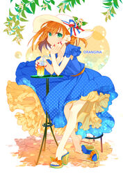  bad_id bad_pixiv_id barefoot character_name dress drink female flower green_eyes hat high_heels legs looking_at_viewer nail_polish orange_blossoms orange_hair orangina petticoat ribbon sandals shoes short_hair single_shoe sitting solo table zanunoneko 