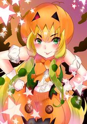  :p bad_id bad_twitter_id bare_shoulders blonde_hair blush bow bowtie center_frills commentary_request cowboy_shot female frills gloves green_eyes hands_on_own_hips hat highres jack-o&#039;-lantern jack-o&#039;-lantern_(kemono_friends) jdjkrr kemono_friends long_hair pumpkin skirt sleeveless solo sparkle star_(symbol) tongue tongue_out twintails vest 