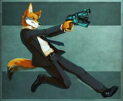  2018 anthro brown_eyes canid canine canis clothed clothing digital_media_(artwork) dominator_(psycho_pass) dress_shirt fully_clothed fur grey_body grey_fur gun handgun male mammal necktie orange_body orange_fur pistol psycho_pass ranged_weapon red_wolf sassypants shirt solo suit topwear weapon white_body white_fur wolf yokhame 