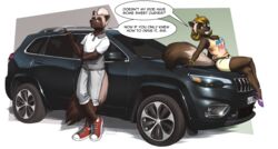  2018 5_fingers absurd_res anthro black_nose blonde_hair breasts brown_body brown_eyes brown_fur chris_(mykegreywolf) clothed clothing dialogue digital_media_(artwork) duo english_text female fingers footwear fur gulonine hair hi_res jeep male mammal mel_(mykegreywolf) motor_vehicle mustelid musteline mykegreywolf on_hood sitting_on_vehicle smile speech_bubble suv text vehicle wolverine 