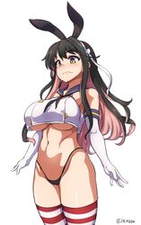  black_hair black_hairband black_panties blue_sailor_collar breasts commentary_request cosplay cowboy_shot crop_top crop_top_overhang elbow_gloves female gloves hairband highleg highleg_panties highres isemagu kantai_collection large_breasts long_hair multicolored_hair naganami_(kancolle) navel no_pants oerba_yun_fang panties pink_hair remodel_(kantai_collection) ribbon sailor_collar shimakaze_(kancolle) shimakaze_(kancolle)_(cosplay) simple_background solo standing striped_clothes striped_thighhighs thighhighs twitter_username underboob underwear white_background white_gloves white_ribbon yellow_eyes 