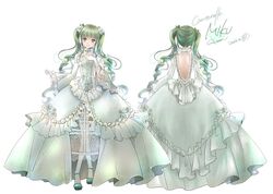  back_cutout backless_dress backless_outfit bare_back cantarella_(vocaloid) character_name clothing_cutout commentary_request concept_art copyright_name crossed_legs dated dress elbow_gloves female flower frilled_dress frills gloves gown green_eyes green_hair hair_flower hair_ornament hatsune_miku itto_maru long_hair multiple_views pantyhose project_diva_(series) project_diva_f_2nd reference_sheet rosa_bianca_(module) sitting twintails vocaloid white_dress 