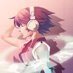  androgynous arm_up bad_id bad_pixiv_id bakemonogatari bow bowtie cable closed_eyes female headphones listening_to_music monogatari_(series) naoetsu_high_school_uniform orange_cassis photoshop_(medium) purple_hair red_bow red_bowtie school_uniform senjougahara_hitagi shadow short_hair solo 