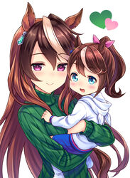  2girls :d animal_ears animal_hood blue_hair blue_shorts blush brown_hair closed_mouth commentary gem green_sweater hair_ribbon heart highres hood hood_down hoodie horse_ears horse_girl horse_hood lolicon long_hair long_sleeves looking_at_viewer mother_and_daughter multicolored_hair multiple_girls open_mouth pink_lips pink_ribbon ponytail ribbon shorts simple_background smile socks streaked_hair sweater symboli_rudolf_(umamusume) tokai_teio_(umamusume) tomo_(tmtm_mf_mf) turtleneck turtleneck_sweater umamusume upper_body very_long_hair white_background white_hair white_legwear 