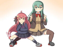  2girls ahoge black_skirt blazer brown_legwear brown_skirt commentary_request crescent crescent_hair_ornament double_finger_gun finger_gun frilled_skirt frills full_body gradient_background green_eyes green_hair grin hair_ornament hairclip hand_on_own_chin jacket kantai_collection long_hair multiple_girls orange_hair pink_hair pleated_skirt poptepipic poptepipic_pose pose rabbit_hair_ornament remodel_(kantai_collection) school_uniform serafuku skirt smile smug suzuya_(kancolle) thighhighs uzuki_(kancolle) yukimi_unagi 