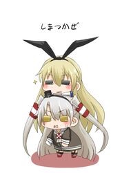  2girls :d amatsukaze_(kancolle) b-man brown_eyes brown_hair commentary_request dress elbow_gloves gloves grey_hair hair_tubes hairband kantai_collection long_hair multiple_girls on_head open_mouth person_on_head puchimasu! sailor_dress school_uniform serafuku shimakaze_(kancolle) smile thighhighs translated two_side_up v-shaped_eyebrows 