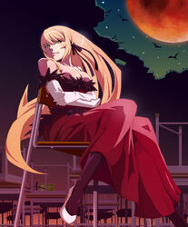  bare_shoulders bat_(animal) blonde_hair blood breasts chair cleavage commentary_request dress elbow_gloves female gloves kiss-shot_acerola-orion_heart-under-blade kizumonogatari long_hair medium_breasts monogatari_(series) moon orange_cassis oshino_shinobu pantyhose photoshop_(medium) red_moon sitting star_(sky) table very_long_hair yellow_eyes 