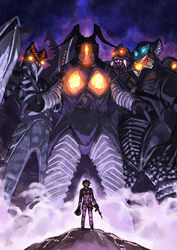  1boy antlar bad_id bad_pixiv_id baltan_seijin dada_(ultra_series) earth_defense_force full_body glowing looking_at_viewer male_focus matsuryuu mephilas_seijin monster outdoors photoshop_(medium) red_king_(ultra_series) rock standing ultra_series ultraman_(1st_series) zetton 