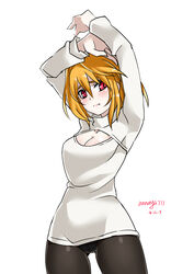  absurdres arcueid_brunestud arms_up black_pantyhose blonde_hair blush breasts cleavage cleavage_cutout clothing_cutout commentary_request crotch_seam female highres looking_at_viewer medium_breasts meme_attire nanaya777 no_pants open-chest_sweater panties panties_under_pantyhose pantyhose red_eyes short_hair simple_background slit_pupils solo sweater tsukihime turtleneck underwear white_background 