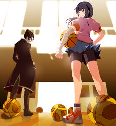  1boy ball bandages basketball basketball_(object) basketball_court bike_shorts black_hair commentary_request female formal hanamonogatari kaiki_deishuu kanbaru_suruga looking_back monogatari_(series) naoetsu_high_school_uniform orange_cassis orange_eyes photoshop_(medium) purple_hair school_uniform short_hair smile suit twintails 