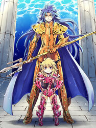  1boy aged_down armor blonde_hair blue_eyes blue_hair cape commentary_request female full_armor gemini_kanon gold_saint lolicon long_hair looking_at_viewer mermaid_thetis photoshop_(medium) polearm saint_seiya shichimiso smirk standing trident very_long_hair weapon 