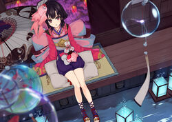  54cr black_hair blurry commentary_request depth_of_field dutch_angle female from_above hair_ornament highres kagura_(onmyoji) lantern looking_at_viewer looking_up oil-paper_umbrella onmyoji open_mouth parted_lips photoshop_(medium) pillow purple_shorts red_eyes sandals sash short_hair shorts sitting sleeves_past_wrists solo tatami umbrella veranda water wide_sleeves wind_chime 