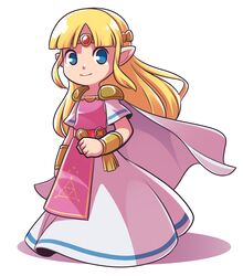  armlet armor blonde_hair blue_eyes cape commentary dress female full_body gem headband long_dress long_hair mary_cagle pointy_ears princess_zelda shoulder_armor sidelocks solo the_legend_of_zelda the_legend_of_zelda:_a_link_between_worlds 