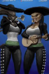  2018 2:3 alien alien_(franchise) alien_vs._predator_(franchise) alternate_version_at_source belly big_breasts black_body black_skin black_tail bottomwear brass_instrument breast_squish breasts claws cleavage clothed clothing curvy_figure dangerous digital_media_(artwork) duo enjoying eye_contact eyeless fangs female glistening guitar hat headgear headwear hi_res holding_object humanoid jacket larger_female lips looking_at_another looking_at_viewer mariachi monster muscular music musical_instrument musician nails nihilophant not_furry pants playing_music plucked_string_instrument predator_(franchise) raised_tail sharp_teeth shirt size_difference smile squish standing string_instrument tail tall teeth text thick_thighs tight_clothing topwear trumpet tube voluptuous wide_hips wind_instrument xenomorph yautja 