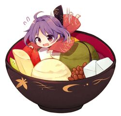  ahoge anmitsu_(dessert) banana beans bowl chibi commentary_request d: downscaled falling female flying_sweatdrops food fruit hat ice_cream in_food japanese_clothes kimono long_sleeves md5_mismatch mini_person minigirl no_headwear obi open_mouth purple_hair red_eyes resized resolution_mismatch sash short_hair simple_background solo source_larger strawberry sukuna_shinmyoumaru tama_(soon32281) touhou white_background wide_sleeves 