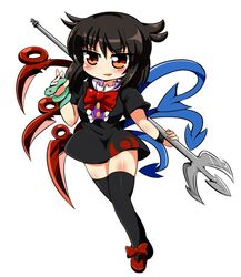  asymmetrical_wings bad_id bad_twitter_id black_hair black_thighhighs dress female full_body houjuu_nue marisa_to_alice_no_cookie_storia motsu_(selshia12) polearm red_eyes short_dress short_hair snake solo thighhighs touhou weapon wings zettai_ryouiki 