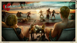  1boy beach blonde_hair blood bracelet bullet copyright_name dated dead_island dead_island_riptide english_text female from_behind glasses gun hammer highres jewelry lead_pipe lighter male_swimwear molotov_cocktail postcard sandals sitting steam_(platform) sunset swim_trunks topless watch weapon wristwatch zombie 