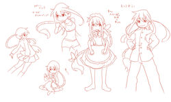  alternate_costume bow bowtie etomo_shuko hands_on_hips indian_style line_art long_hair m.u.g.e.n maid maid_headdress monochrome multiple_views original ponytail school_uniform shirt shorts sitting skirt solo sports_bra tama_(miloque) translation_request very_long_hair 