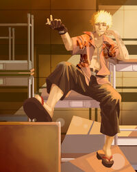  1boy arm_hair bakemonogatari black_gloves black_pants blonde_hair cigarette collared_shirt commentary_request cross cross_earrings cross_necklace earrings facial_hair fingerless_gloves floral_print gloves goatee hawaiian_shirt highres holding holding_cigarette indoors inverted_cross jewelry looking_at_viewer male_focus monogatari_(series) navel necklace one_eye_closed open_clothes open_shirt orange_cassis oshino_meme pants photoshop_(medium) pink_shirt print_shirt sandals shirt short_hair single_glove sitting smile solo table 