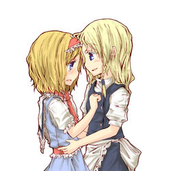  2girls :d alice_margatroid blonde_hair blue_eyes blush braid commentary_request eye_contact hairband kirisame_marisa looking_at_another multiple_girls natsuk open_mouth short_hair smile touhou yuri 