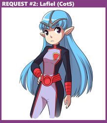  bad_id bad_tumblr_id blue_hair brown_eyes character_name cowboy_shot female hand_on_own_hip headpiece lafiel long_hair mary_cagle pointy_ears seikai_no_monshou seikai_no_senki solo turtleneck 