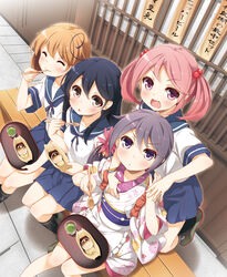  4girls :d ahoge akebono_(kancolle) akebono_(new_year_mode)_(kancolle) apron bandaid bandaid_on_face bell black_hair black_socks blue_skirt blush brown_eyes brown_hair chestnut_mouth closed_eyes commentary_request eating floral_print flower food girl_sandwich hair_bell hair_bobbles hair_flower hair_ornament highres japanese_clothes jingle_bell kantai_collection kimono kneehighs kneeling long_hair looking_at_viewer looking_up maid mizushingenmochi mochi multiple_girls neckerchief obi oboro_(kancolle) official_alternate_costume open_mouth pink_eyes pink_hair pleated_skirt purple_eyes purple_hair sailor_collar sandwiched sash sazanami_(kancolle) school_uniform serafuku short_hair short_kimono side_ponytail skirt smile socks tasuki twintails ushio_(kancolle) v-shaped_eyebrows wa_maid wagashi wooden_spoon yume_no_owari 