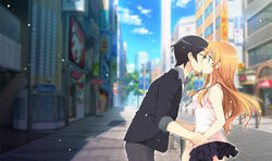  1boy black_hair brother_and_sister camisole casual city cityscape commentary_request female incest jewelry kissing kousaka_kirino kousaka_kyousuke layered_skirt long_hair necklace orange_hair ore_no_imouto_ga_konna_ni_kawaii_wake_ga_nai scenery short_hair siblings skirt straight tsubasam 