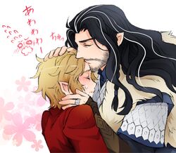  2boys beard bilbo_baggins black_hair blonde_hair blush closed_eyes commentary_request facial_hair jewelry kissing kissing_forehead long_hair male_focus multiple_boys o_o pointy_ears ring shinzui_(fantasysky7) simple_background the_hobbit thorin_oakenshield tolkien&#039;s_legendarium white_background yaoi 