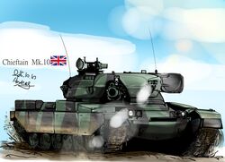  caterpillar_tracks cloud commentary day fv4201_chieftain highres military military_vehicle motor_vehicle no_humans original sky tank troll_(dlshvmajsl) union_jack united_kingdom vehicle_focus 