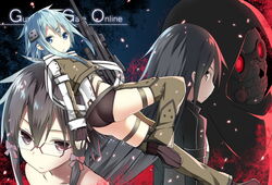  gun gun_gale_online kirito megane shino_asada sinon sky-freedom sword_art_online thighhighs 