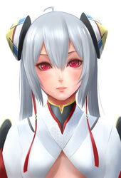  ahoge bad_id bad_pixiv_id female grey_hair highres long_hair matoi_(pso2) phantasy_star phantasy_star_online_2 red_eyes shuuji_(shumi) solo upper_body 