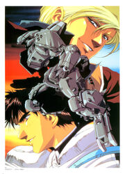  1990s_(style) 2boys assault_suits_series assault_suits_valken blonde_hair blue_eyes brown_hair character_request grin highres jake_brain looking_at_viewer mecha military military_uniform multiple_boys ncs no_headwear official_art pilot_suit promotional_art retro_artstyle robot scan science_fiction smile smirk spacesuit traditional_media uniform unworn_headwear urushihara_satoshi valken 