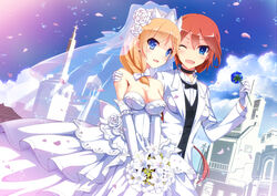  2girls blonde_hair blue_eyes blush bouquet bow bridal_veil bride cloud commentary_request couple day dress elbow_gloves flower formal gloves groom hairbow highres long_hair mole mole_under_eye multiple_girls nelson_(warship_girls_r) one_eye_closed open_mouth photoshop_(medium) red_hair rodney_(warship_girls_r) sky smile suit uiu veil warship_girls_r wedding wedding_dress wife_and_wife yuri 