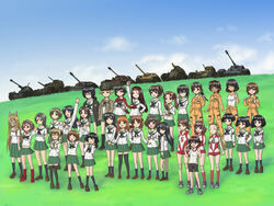  6+girls akiyama_yukari bal_(uqdf) breasts caesar_(girls_und_panzer) caterpillar_tracks char_b1 cloud commentary_request day emblem erwin_(girls_und_panzer) everyone girls_und_panzer gotou_moyoko grass highres hoshino_(girls_und_panzer) isobe_noriko isuzu_hana jagdpanzer_38(t) kadotani_anzu kawanishi_shinobu kawashima_momo kondou_taeko konparu_nozomi koyama_yuzu long_hair m3_lee maruyama_saki military military_vehicle momogaa_(girls_und_panzer) motor_vehicle multiple_girls nakajima_(girls_und_panzer) nekonyaa_(girls_und_panzer) nishizumi_miho ooarai_(emblem) ooarai_school_uniform oono_aya oryou_(girls_und_panzer) panzer_iv piyotan_(girls_und_panzer) reizei_mako saemonza_(girls_und_panzer) sakaguchi_karina sasaki_akebi sawa_azusa school_uniform short_hair sky smile sono_midoriko sturmgeschutz_iii suzuki_(girls_und_panzer) takebe_saori tank tiger_(p) tsuchiya_(girls_und_panzer) type_3_chi-nu type_89_i-gou utsugi_yuuki yamagou_ayumi 