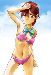  bare_shoulders bikini breasts brown_eyes cleavage female futaba_tae masamune-kun_no_revenge midriff mound_of_venus navel open_mouth red_hair ribbon short_hair 