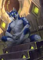  anthro biped canid canine canis caraid claws fox fur glowing glowing_eyes hi_res hybrid looking_at_viewer male mammal markings nude sitting solo sonicfox wolf 