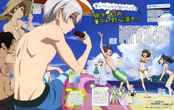  3boys 3girls absurdres ball beach beachball bikini black_hair blue_eyes breasts brown_hair cleavage closed_eyes eating food glasses hat highres kakumeiki_valvrave kibukawa_takumi l-elf multiple_boys multiple_girls nanami_rion nobi_marie sashinami_shouko short_hair silver_hair swimsuit toida_shuri tokishima_haruto yellow_eyes 