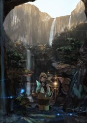  blonde_hair canyon city cityscape closed_eyes commentary_request fantasy female gas_mask gloves goggles goggles_on_head holding long_hair mask obaryo original outdoors overalls scenery smile wading water waterfall 