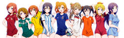  2014_fifa_world_cup 6+girls \m/ adidas alternate_costume alternate_hairstyle argentina arm_up arms_behind_head arms_up ayase_eli ball black_hair blonde_hair blue_eyes blue_hair blush bow brazil brazuca breasts brown_eyes brown_hair clenched_hand clenched_hands clenched_teeth collarbone commentary_request covering_crotch covering_privates cowboy_shot double_\m/ germany green_eyes grin hair_ribbon hairbow hand_on_own_hip highres holding hoshizora_rin japan japanese_flag koizumi_hanayo kosaka_honoka lineup long_hair looking_at_viewer love_live! love_live!_school_idol_project medium_breasts mexico minami_kotori multiple_girls naked_shirt netherlands nike_(company) nishikino_maki one_eye_closed one_side_up open_mouth orange_hair photoshop_(medium) ponytail purple_eyes purple_hair red_eyes red_hair revision ribbon rising_sun_flag russia shian_(my_lonly_life.) shirt short_hair short_sleeves simple_background small_breasts smile soccer soccer_ball soccer_uniform sonoda_umi spain sportswear striped_clothes striped_shirt sunburst sweatband teeth tojo_nozomi translated twintails uruguay white_background world_cup wristband yazawa_nico yellow_eyes 