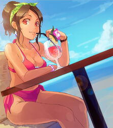  beach bikini breasts brown_hair cleavage cloud commentary_request day drink drinking_straw female flower looking_at_viewer medium_breasts null_(chronix) ocean original outdoors ponytail red_bikini red_eyes short_hair sitting sky smile solo swimsuit table tropical_drink 