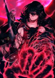  bandaged_arm bandages belt black_choker black_hair blade breasts choker claws collarbone edward_tsang highres long_hair looking_at_viewer medium_breasts navel solo tales_of_(series) tales_of_berseria torn_clothes velvet_crowe very_long_hair weapon yellow_eyes 