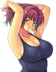  adjusting_hair armpits arms_up breasts commentary_request eroe female food green_eyes hair_tie large_breasts mouth_hold one-piece_swimsuit original ponytail popsicle school_swimsuit sideboob solo swimsuit tying_hair 