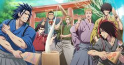  6+boys blonde_hair blue_hair blush brown_hair closed_eyes commentary_request eating food hagoita hane_(hanetsuki) hanetsuki hikage_tenma hinomaru_zumou japanese_clothes kanou_akihira kimono kine kuze_sousuke long_hair male_focus mallet mochi mochitsuki mondrianfff mortar_(bowl) multiple_boys muscular nochi_kazuoki outdoors paddle paintbrush ponytail red_hair sada_mizuki scar scar_on_face spiked_hair standing sumo tennouji_shidou torii ushio_hinomaru yukata 