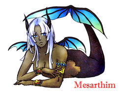  aqua_eyes armlet bat_wings blunt_ends bracelet breasts character_name cleavage closed_mouth commentary_request coral covering_nipples covering_privates dark-skinned_female dark_skin female forehead full_body gold_trim horns jewelry long_hair looking_at_viewer lying mermaid mesarthim monster_girl nose on_stomach saga saga_frontier silver_hair simple_background solo souun_(rundino) very_dark_skin white_background wings 