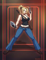  1girls alexandra_roivas belt black_tank_top blonde_hair blue_eyes clothing eternal_darkness female firearm footwear handgun human jeans karosu-maker looking_at_viewer nintendo pale_skin ponytail revolver shotgun sword tank_top watermark weapon 