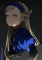  black_gloves blue_dress blue_hairband butterfly_hair_ornament dress elbow_gloves female gloves hair_ornament hairband highres isshiki_(ffmania7) lavenza_(persona_5) long_hair looking_at_viewer persona persona_5 puffy_short_sleeves puffy_sleeves short_sleeves smile solo upper_body white_hair yellow_eyes 