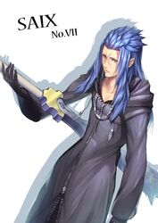  1boy black_coat_(kingdom_hearts) blue_hair character_name cloak gloves gogo_(detteiu_de) highres kingdom_hearts kingdom_hearts_ii looking_at_viewer male_focus organization_xiii pointy_ears saix scar simple_background solo weapon white_background yellow_eyes 