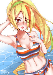  2020 arm_behind_head armpits bikini blonde_hair blush breasts cleavage commentary dated female groin hair_over_one_eye hand_on_own_chest head_tilt highres light_green_hair long_hair looking_at_viewer medium_breasts multicolored_hair navel nikaidou_saki open_mouth orange_hair ponytail solo striped_bikini striped_clothes sumiosmith swimsuit teeth water wet yellow_eyes zombie_land_saga 