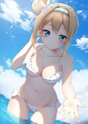  bare_arms bare_shoulders bikini blue_eyes blue_hairband blue_sky blush breasts brown_hair cleavage closed_mouth cloud commentary day female frilled_bikini frills girls&#039;_frontline hair_between_eyes hair_bun hair_ornament hairband halterneck hand_up highres horizon leaning_forward medium_breasts ocean official_alternate_costume outdoors reaching reaching_towards_viewer single_hair_bun single_side_bun sky smile snowflake_hair_ornament solo standing suomi_(girls&#039;_frontline) suomi_(midsummer_pixie)_(girls&#039;_frontline) swimsuit water white_bikini white_clover_(unfy8472) 