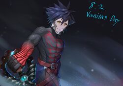  1boy black_hair gloves gogo_(detteiu_de) keyblade kingdom_hearts kingdom_hearts_birth_by_sleep looking_at_viewer male_focus smile solo spiked_hair vanitas_(kingdom_hearts) yellow_eyes 